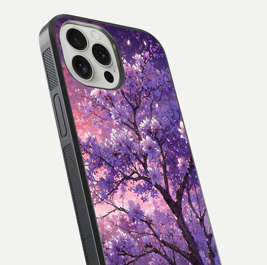 Blossom Tree Glass Case for iPhone 16 Pro close-up image highlighting tree branches, blossoms, and shine