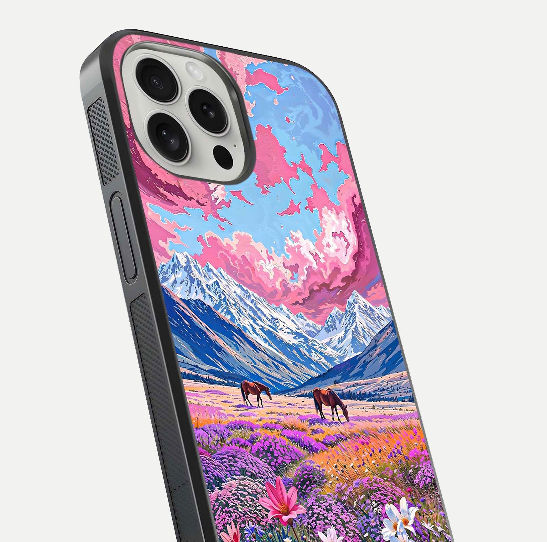 Blossom Valley Dream Glass Case for iPhone 16 Pro close-up view showing detailed flower print and pastel hues