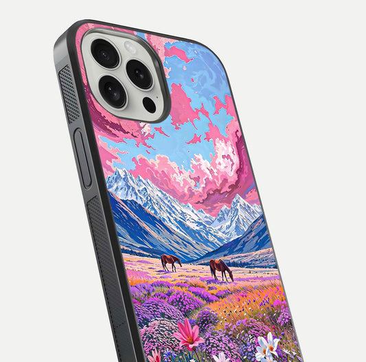 Blossom Valley Dream Glass Case for iPhone 16 Pro close-up view showing detailed flower print and pastel hues