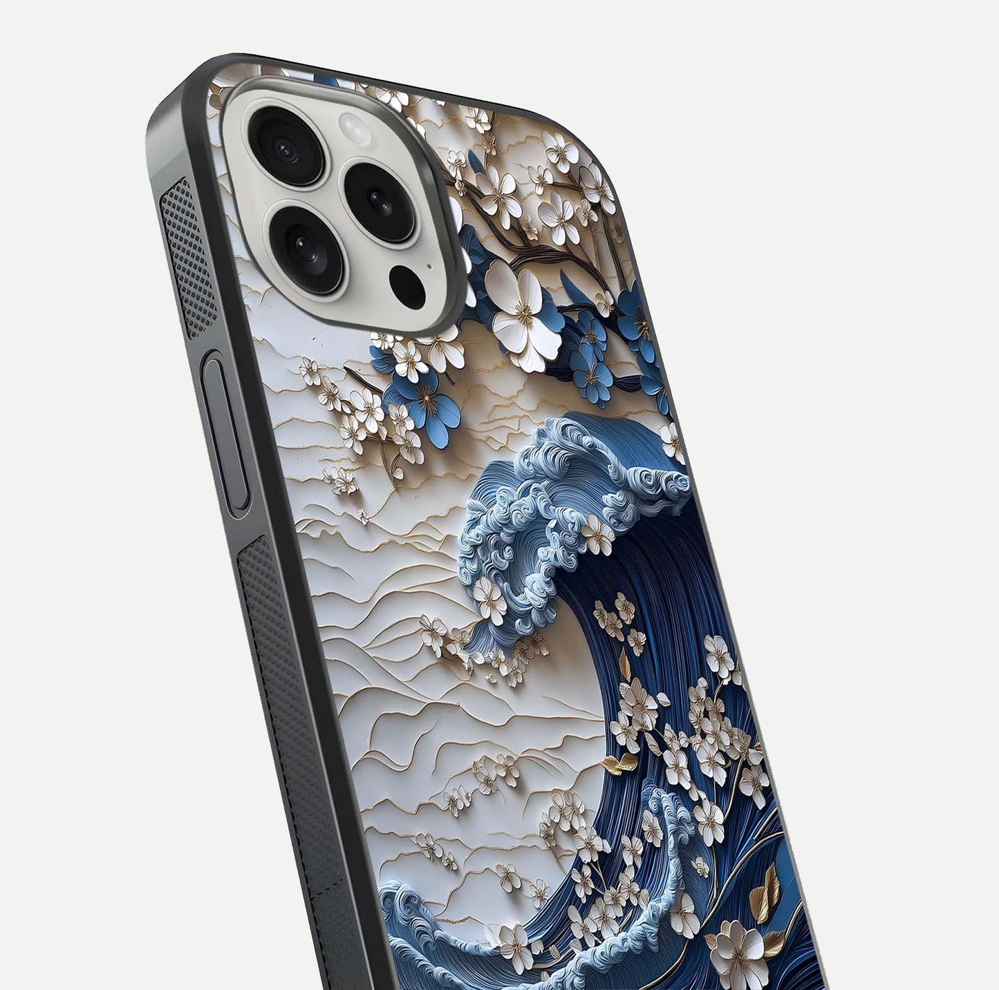 Blossom Wave Art Glass Case for iPhone 16 Pro close-up shot highlighting wave motion in floral art and reflection