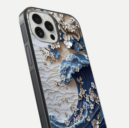 Blossom Wave Art Glass Case for iPhone 16 Pro close-up shot highlighting wave motion in floral art and reflection