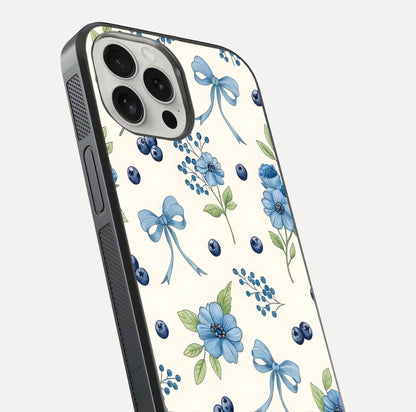 Blue Flower & Bow Glass Case for iPhone 16 Pro close-up shot highlighting ribbon detail and flower gloss finish