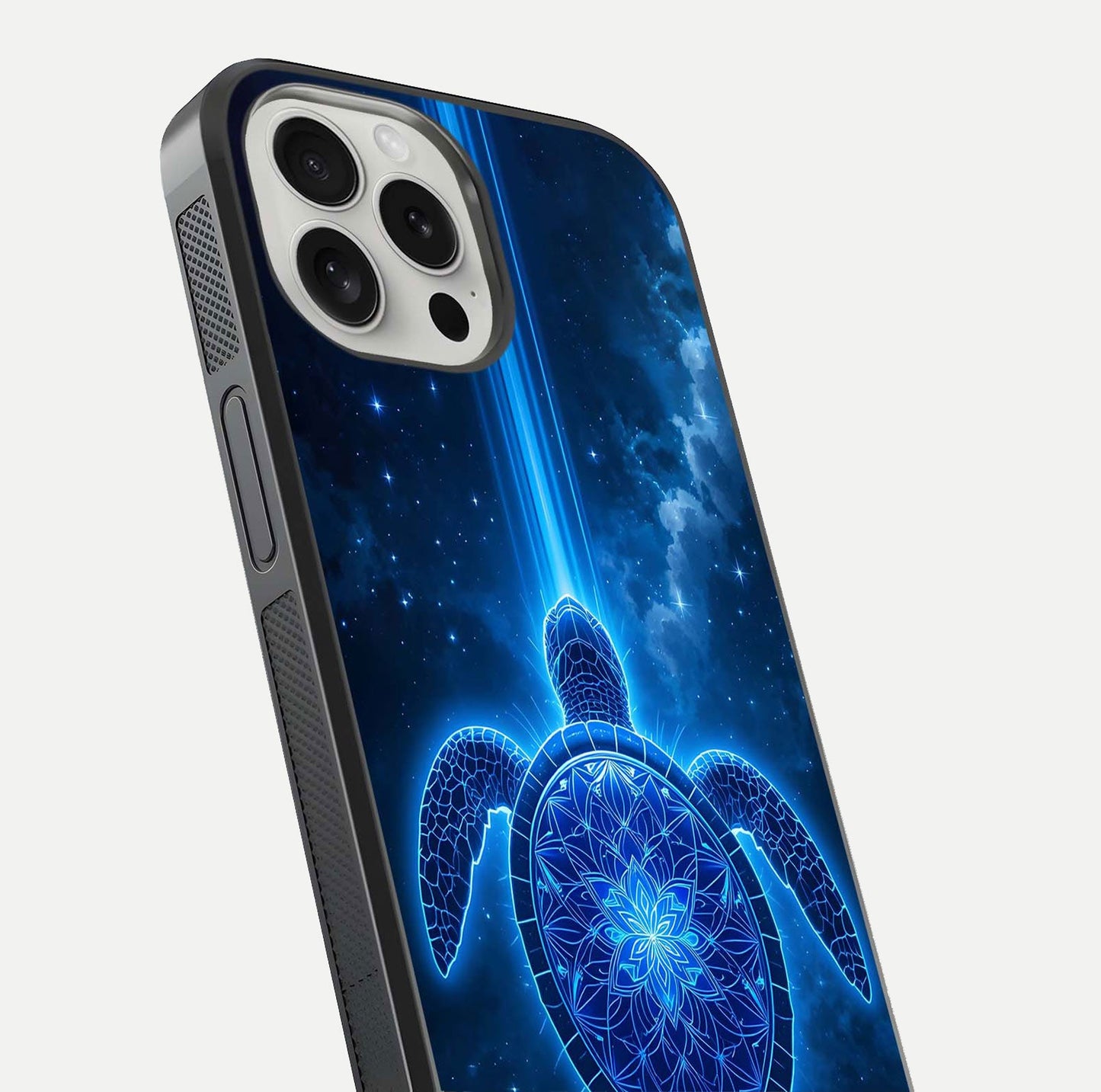 Blue Galaxy Turtle Glass Case for iPhone 16 Pro close-up image showing turtle shell detail and glowing galaxy tones