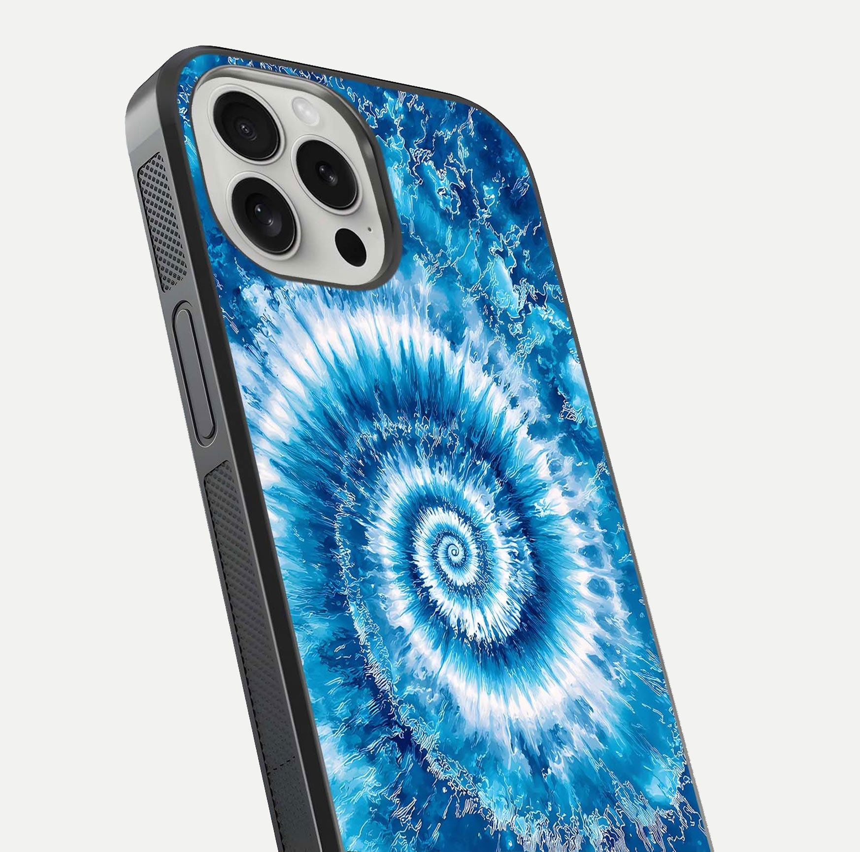 Blue Galaxy Wave Glass Case for iPhone 16 Pro close-up highlighting fluid wave motion and deep-blue reflection