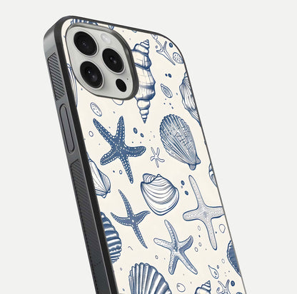 Blue Ocean Outline Glass Case for iPhone 16 Pro close-up shot highlighting line art details and reflection texture