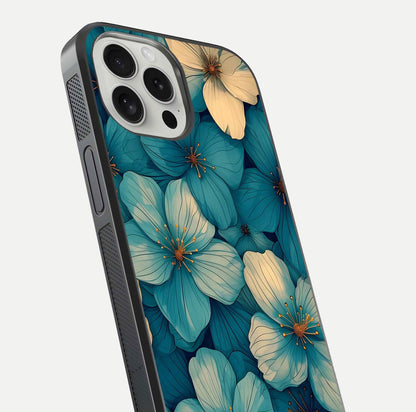 Blue Shade Floral Glass Case for iPhone 16 Pro close-up angle showing flower print precision and reflection