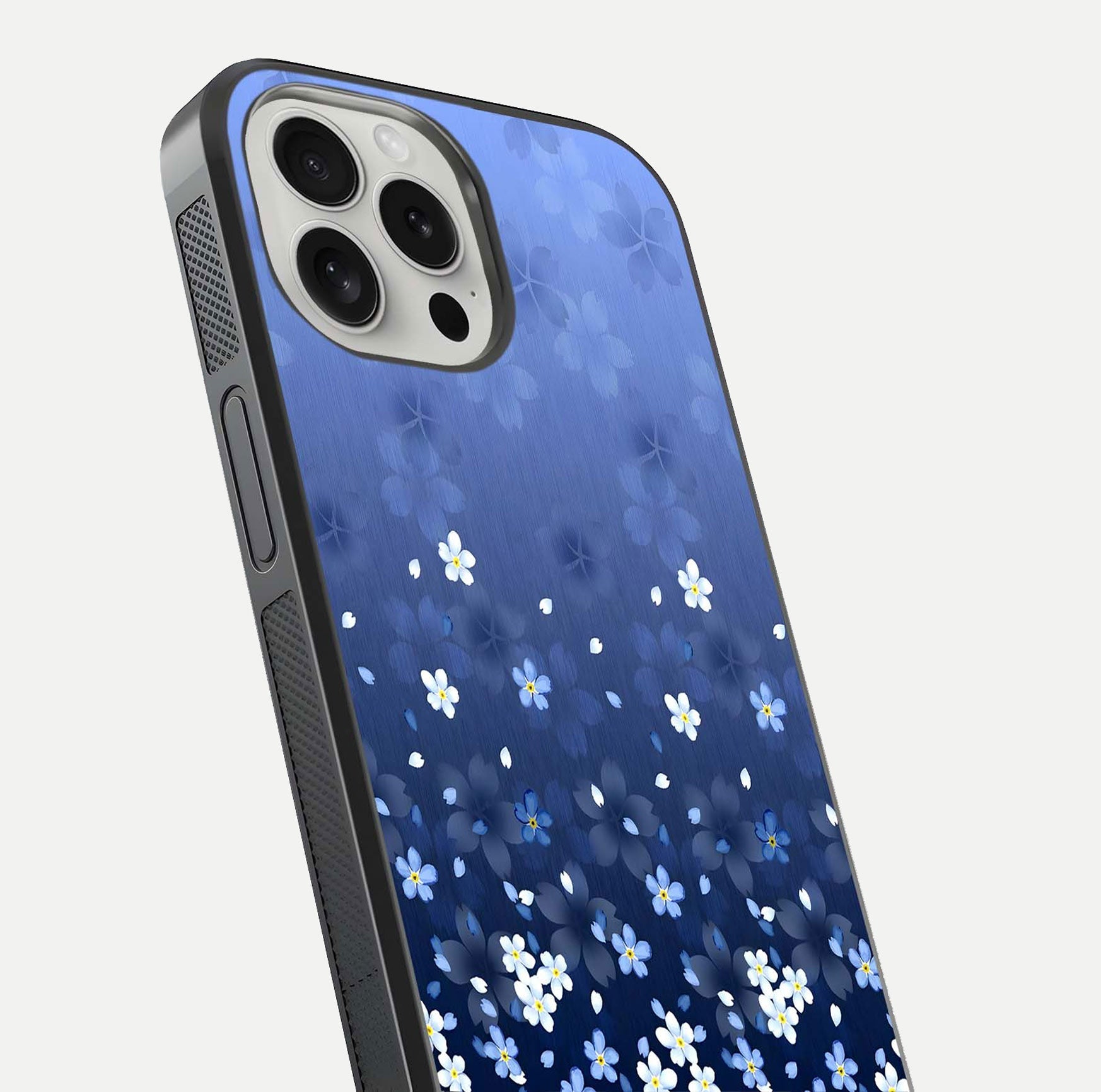 Blue Starry Glass Case for iPhone 16 Pro close-up image highlighting sparkle details and midnight blue gradient