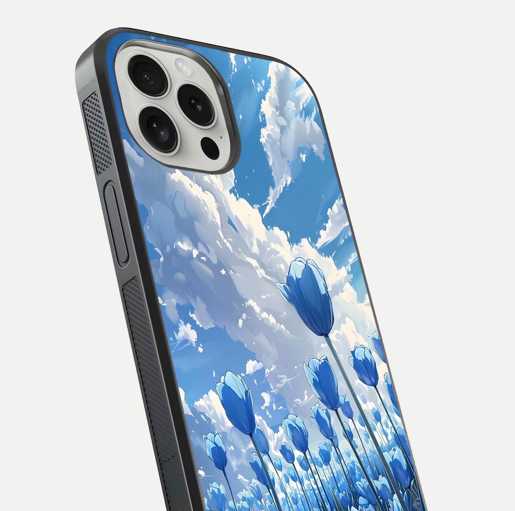 Blue Tulip Clouds Glass Case for iPhone 16 Pro close-up image highlighting tulip petals, clouds, and reflection texture