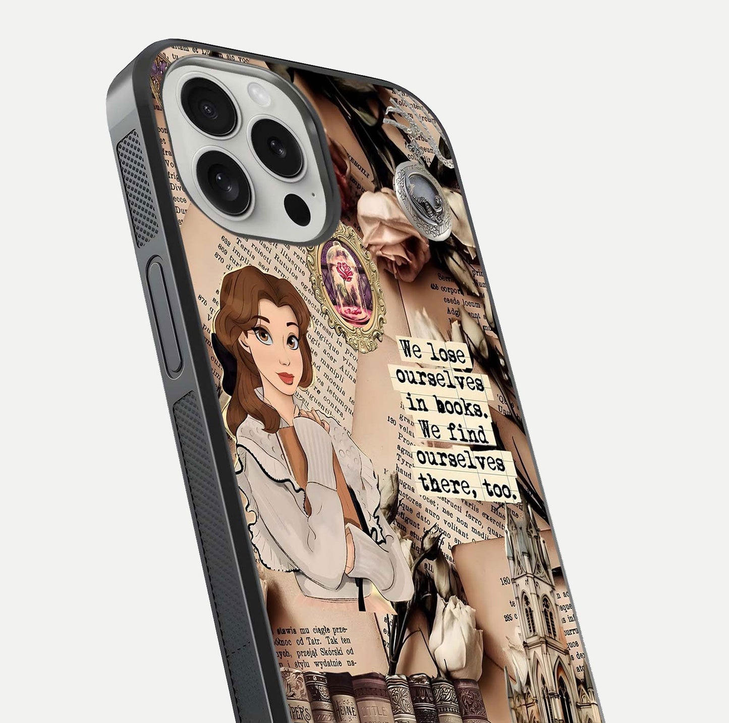 Bookish Dream World Glass Case for iPhone 16 Pro close-up shot highlighting book elements and reflection gloss