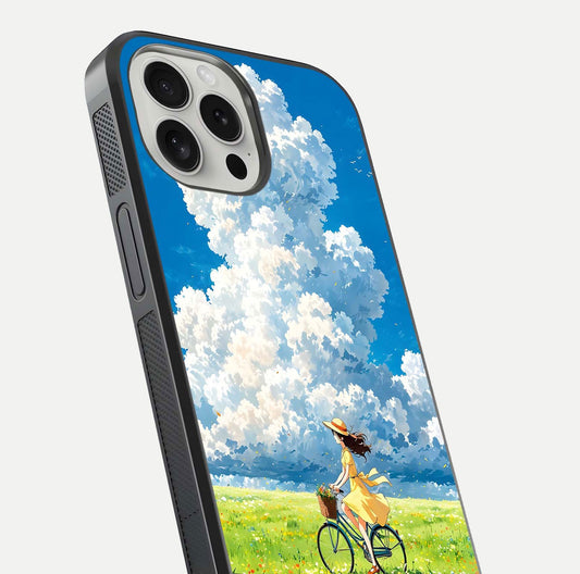 Breezy Meadow Ride Glass Case for iPhone 16 Pro close-up shot showing flowers and breezy motion texture