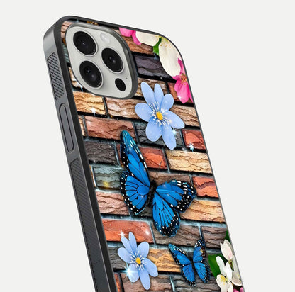 Brick Bloom Flight Glass Case for iPhone 16 Pro close-up angle highlighting flower clusters and reflection detail