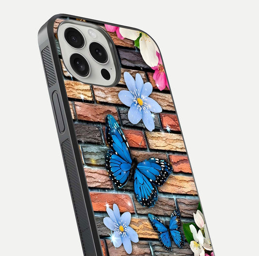 Brick Bloom Flight Glass Case for iPhone 16 Pro close-up angle highlighting flower clusters and reflection detail