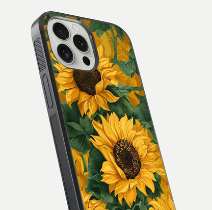 Bright Sunflower Bloom Glass Case for iPhone 16 Pro close-up image highlighting yellow petal detail and HD reflection