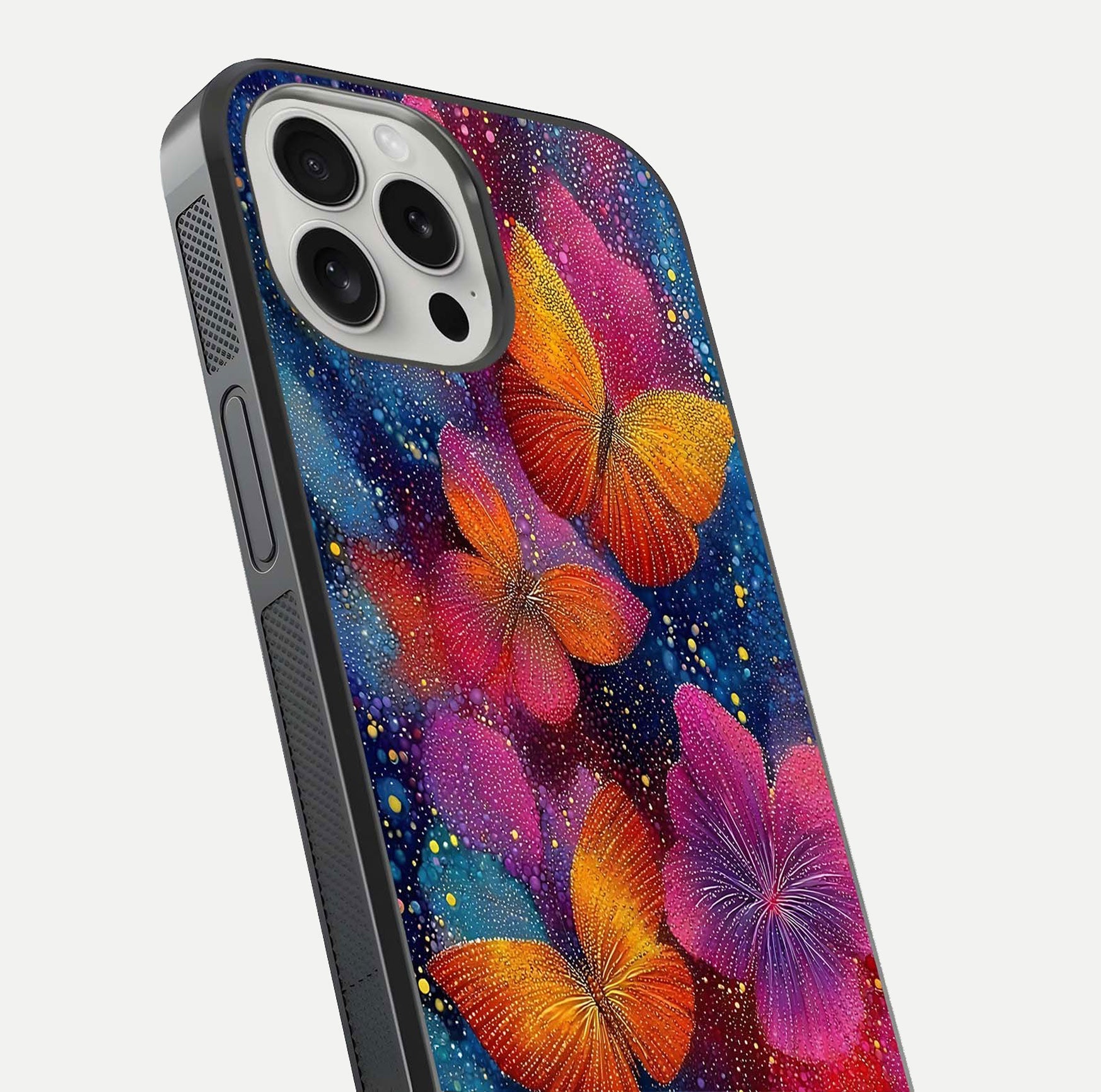 Butterfly Dream Mist Glass Case for iPhone 16 Pro close-up capturing wing pattern detail and glossy finish texture