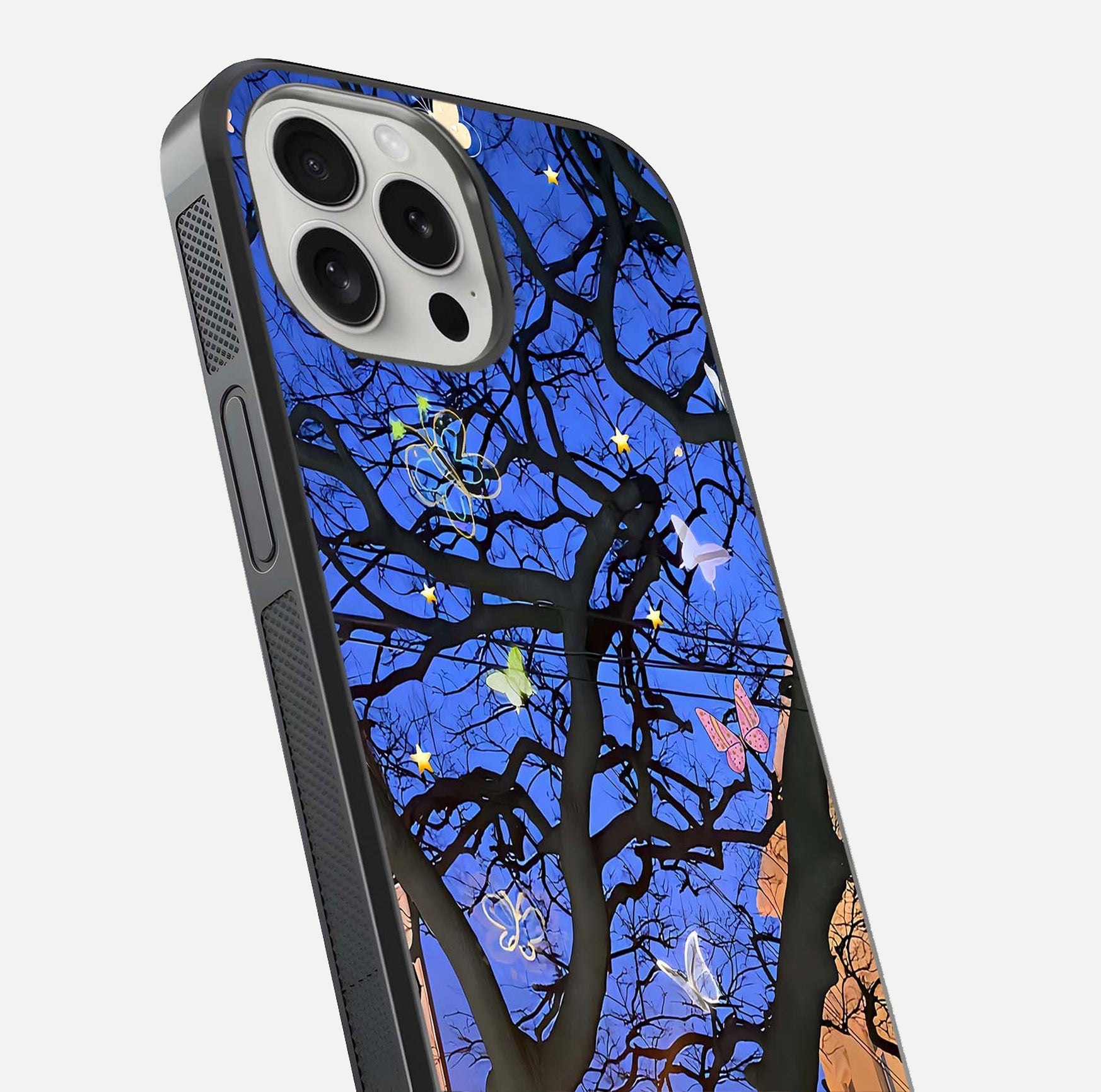 Butterfly Night Magic Glass Case for iPhone 16 Pro close-up highlighting wings reflection and gloss shimmer