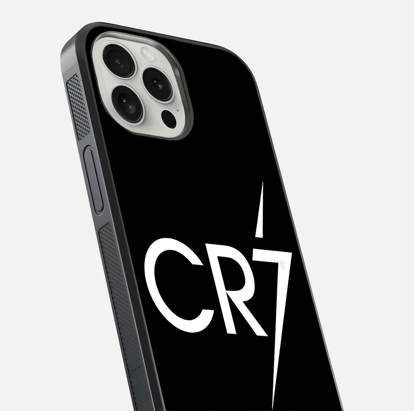 CR7 Elite Strike Glass Case for iPhone 16 Pro close-up highlighting CR7 artwork and shine reflection