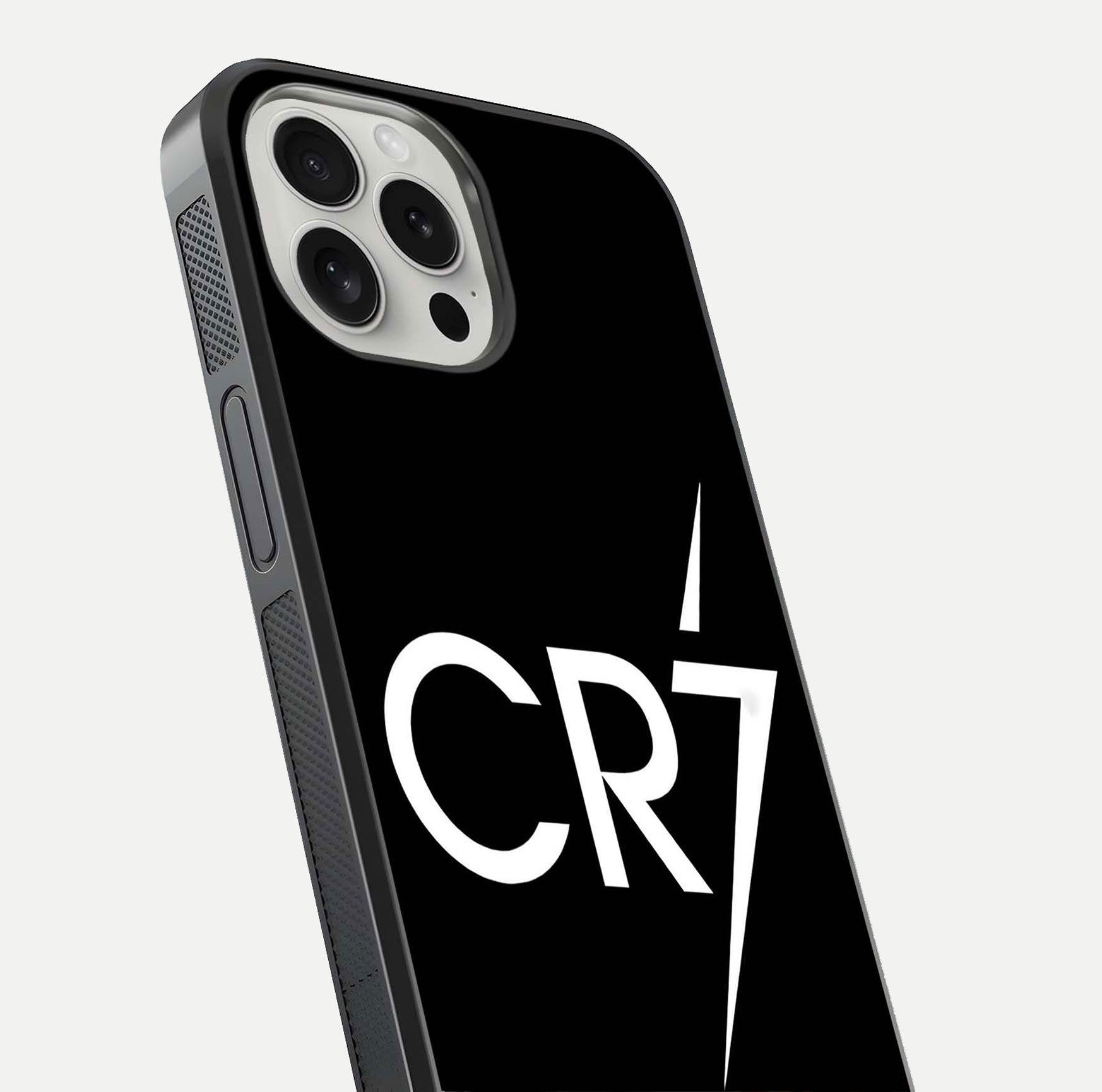 CR7 Elite Strike Glass Case for iPhone 16 Pro close-up highlighting CR7 artwork and shine reflection