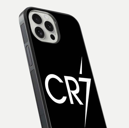 CR7 Elite Strike Glass Case for iPhone 16 Pro close-up highlighting CR7 artwork and shine reflection