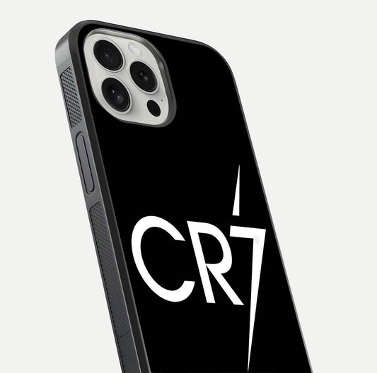 CR7 Elite Strike Glass Case for iPhone 16 Pro close-up highlighting CR7 artwork and shine reflection