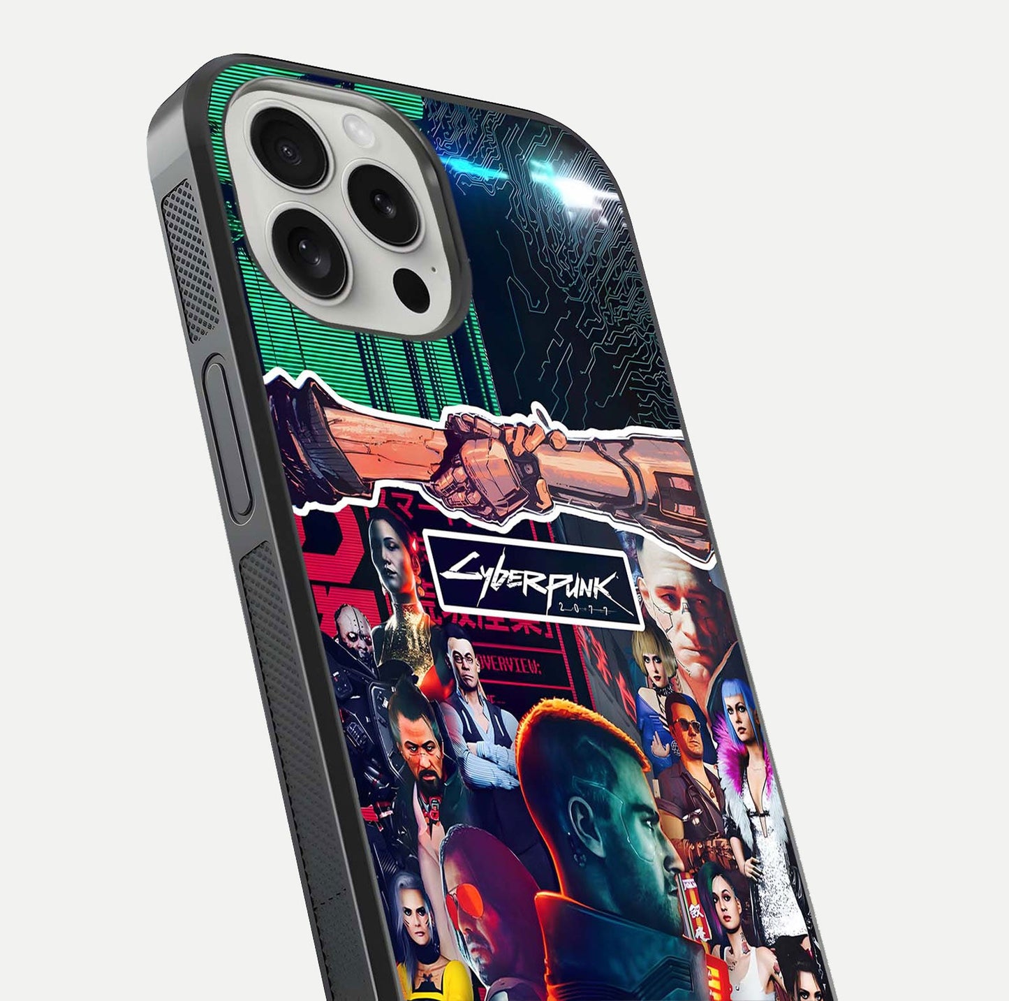 CYBERPUNK Legacy Glass Case for iPhone 16 Pro close-up highlighting circuit texture and reflection tone