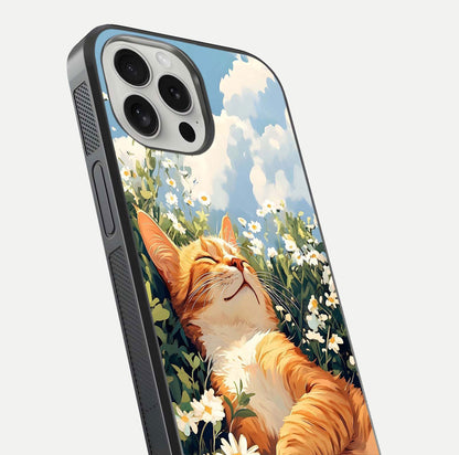 Cat & Flowers View Glass Case for iPhone 16 Pro close-up view highlighting cat expression and petal detail