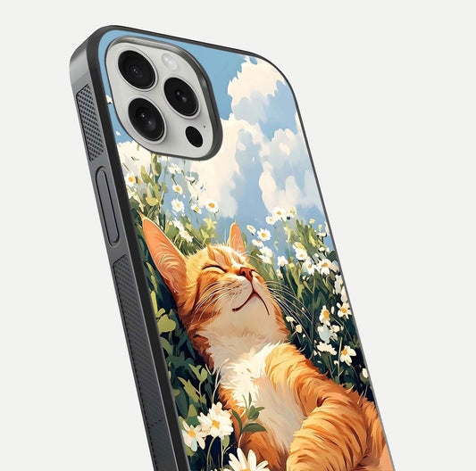 Cat & Flowers View Glass Case for iPhone 16 Pro close-up view highlighting cat expression and petal detail