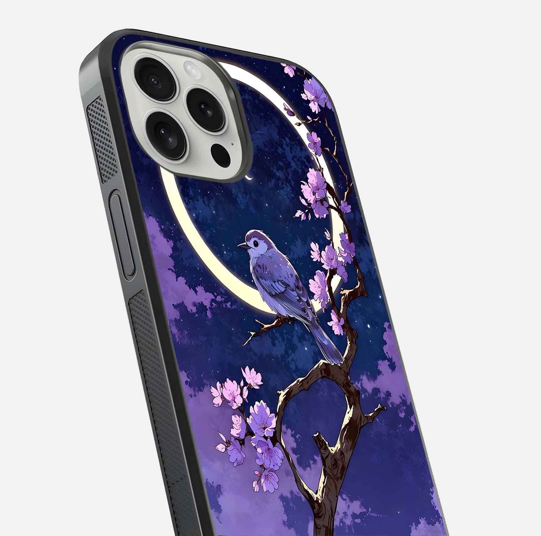 Celestial Bird Blossom Glass Case for iPhone 16 Pro close-up capturing bird detail, petal reflection, and gloss shine