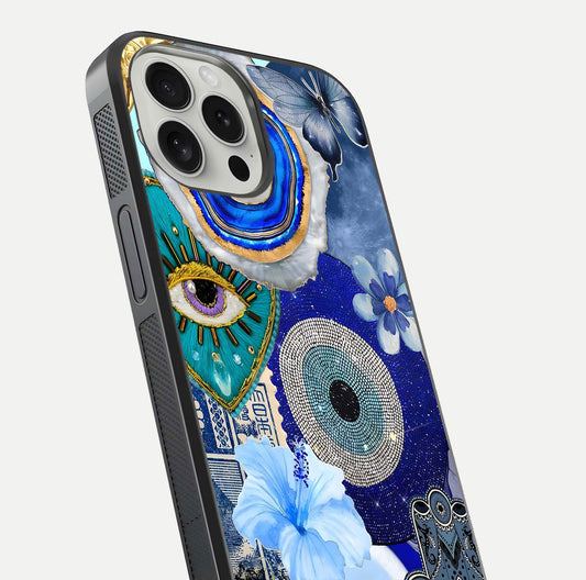 Celestial Blue Vision Glass Case for iPhone 16 Pro close-up shot highlighting reflection details and smooth edge polish