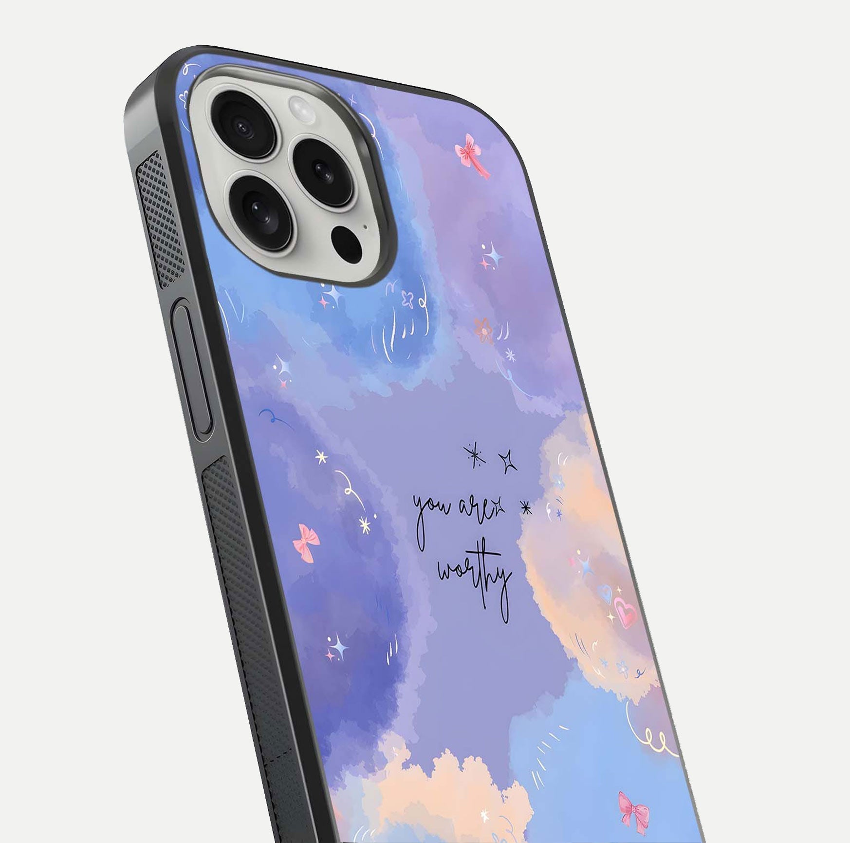 Celestial Cloud Magic Glass Case for iPhone 16 Pro close-up highlighting smooth gradient and gloss surface