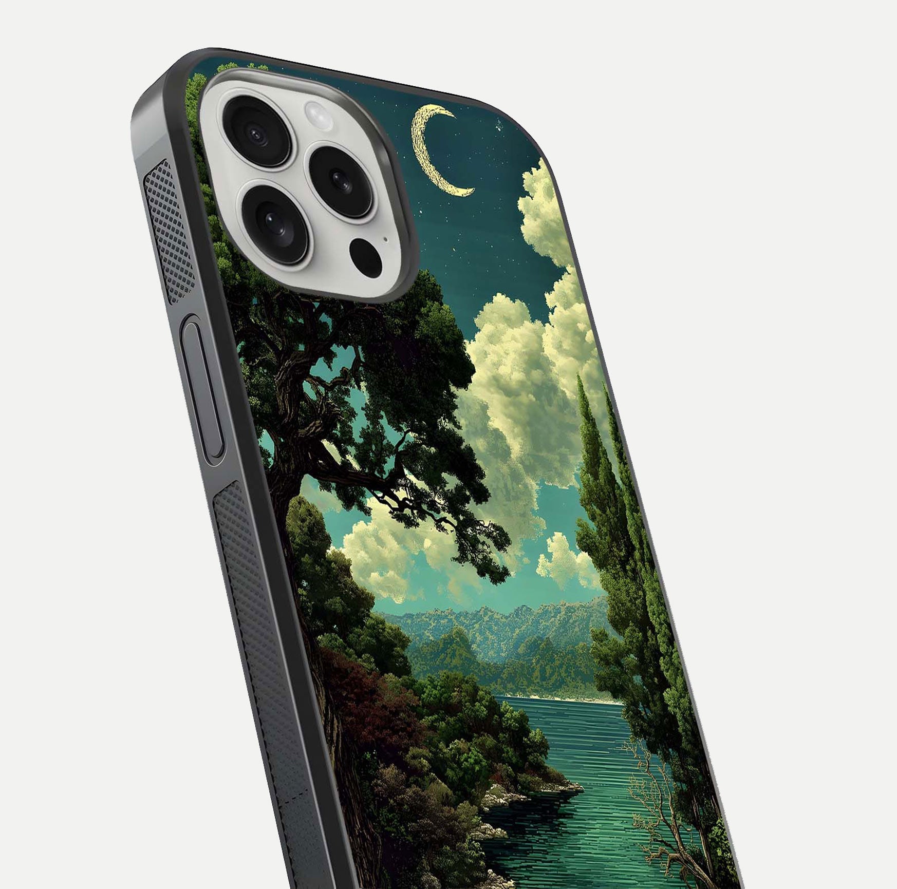 Celestial Lake Peace Glass Case for iPhone 16 Pro close-up highlighting moon reflection and glossy texture
