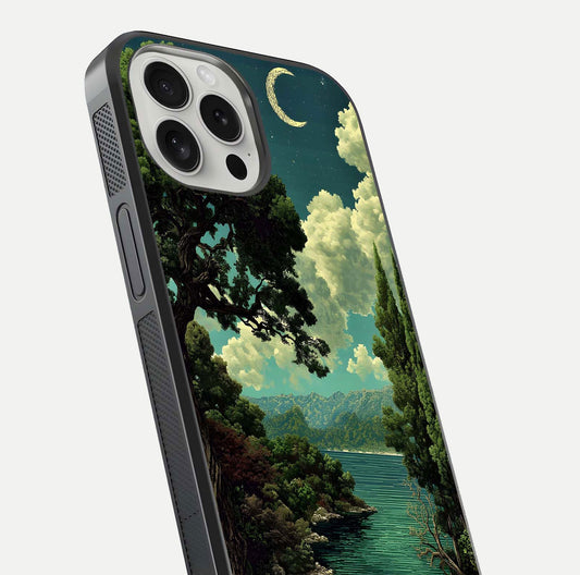 Celestial Lake Peace Glass Case for iPhone 16 Pro close-up highlighting moon reflection and glossy texture