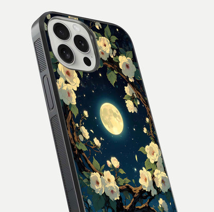 Celestial Moon & Flower Glass Case for iPhone 16 Pro close-up capturing petal reflection and moonlight contrast