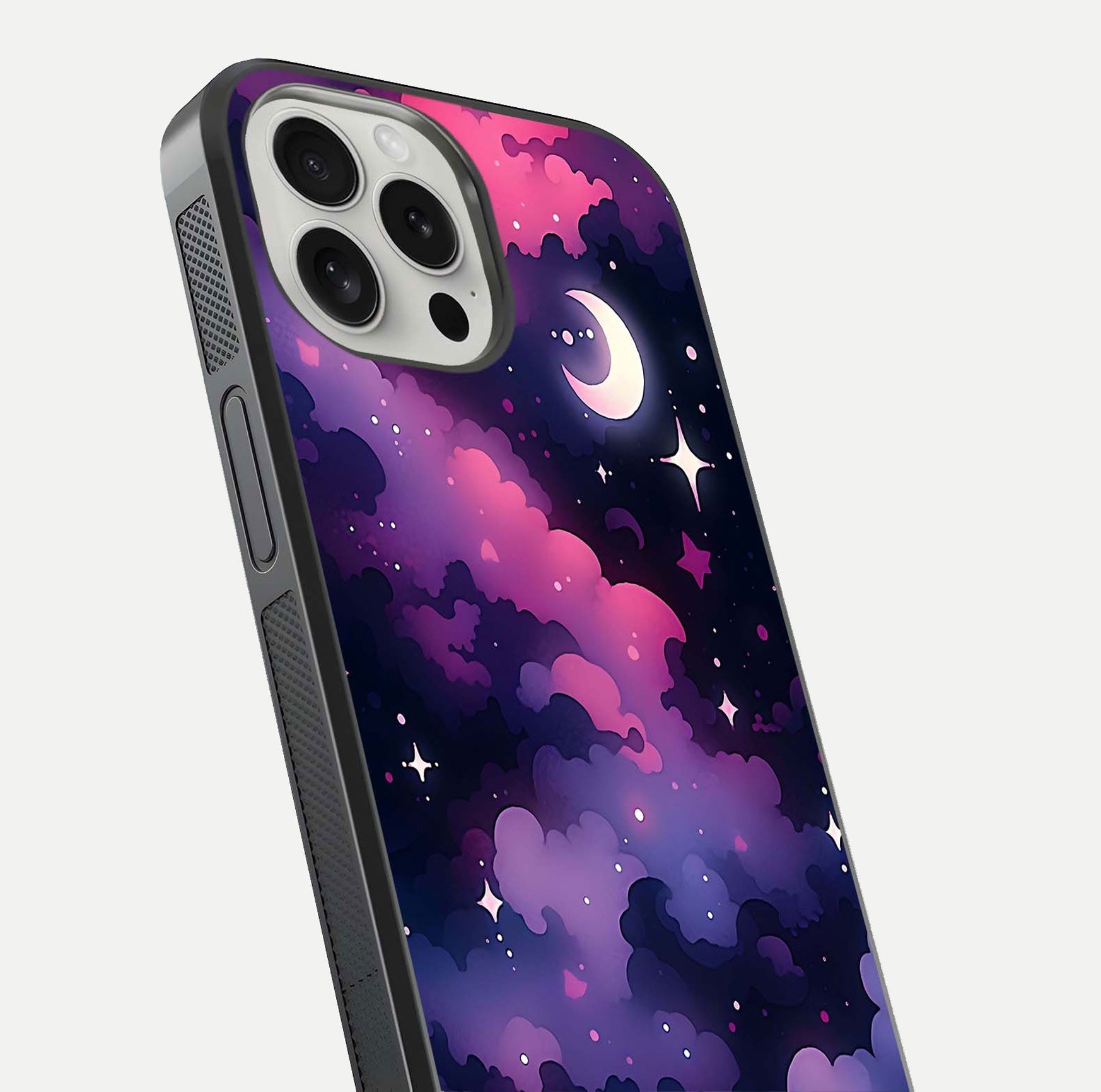 Celestial Moon Magic Glass Case for iPhone 16 Pro close-up view highlighting moon crater detail and glass shine