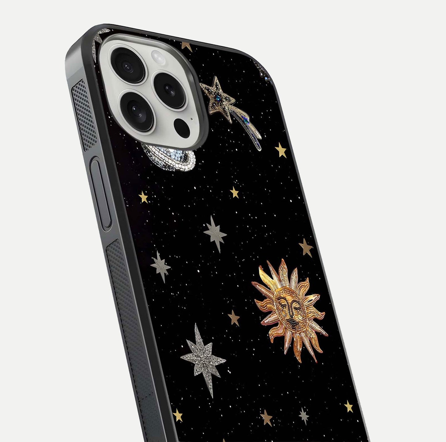 Celestial Moon With Stars Glass Case for iPhone 16 Pro close-up showing cosmic reflection and HD shine