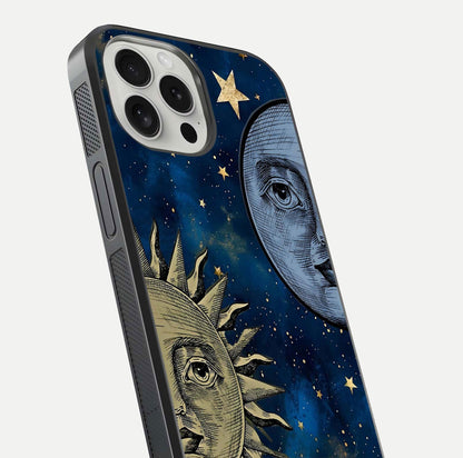 Celestial Moon With Sun Glass Case for iPhone 16 Pro close-up highlighting fine celestial detail and polish reflection