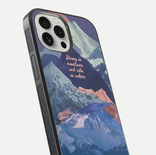 Celestial Mountain Calm Glass Case for iPhone 16 Pro close-up showing peak reflection and HD gloss texture