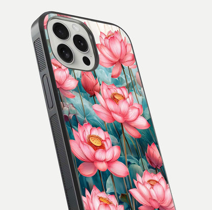 Celestial Pink Lotus Glass Case for iPhone 16 Pro close-up highlighting petal detail and HD glass reflection