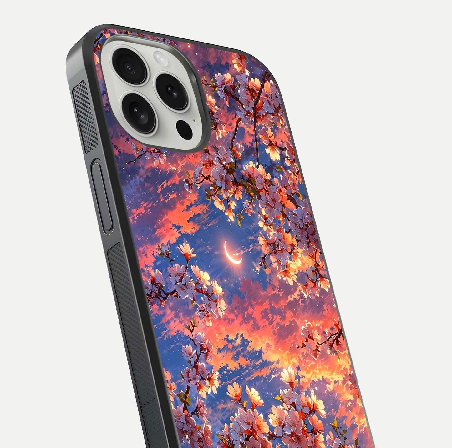 Celestial Sakura Sunset Glass Case for iPhone 16 Pro close-up image highlighting blossom petals and gloss shine