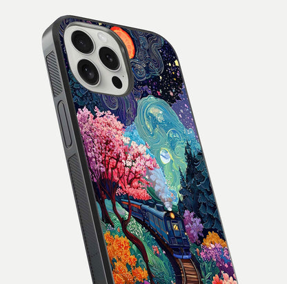 Celestial Train Journey Glass Case for iPhone 16 Pro close-up highlighting train lights, cosmic tones, and reflection detail