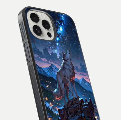 Celestial Wolf Howl Glass Case for iPhone 16 Pro close-up showing wolf silhouette and glowing moon reflection