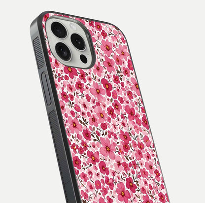 Cherry Blossom Charm Glass Case for iPhone 16 Pro close-up highlighting petal gradient and reflection shine