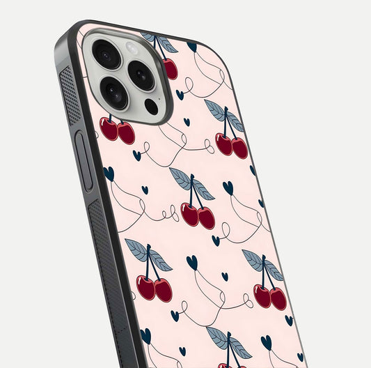Cherry Heart Line Glass Case for iPhone 16 Pro close-up showing heart outline and HD reflection gloss