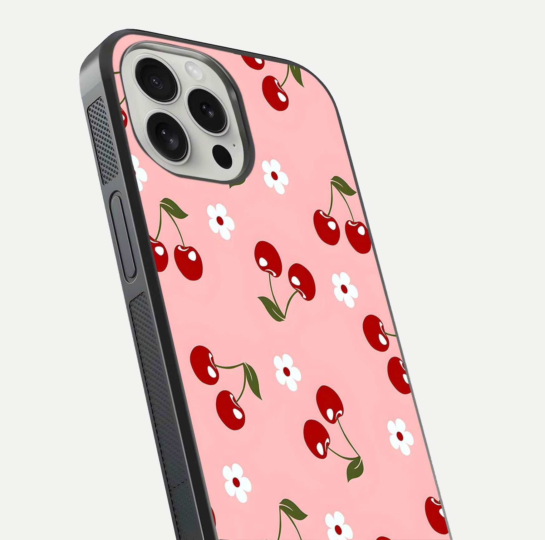 Cherry Love Mood Glass Case for iPhone 16 Pro close-up highlighting cherry heart pattern and reflection shine