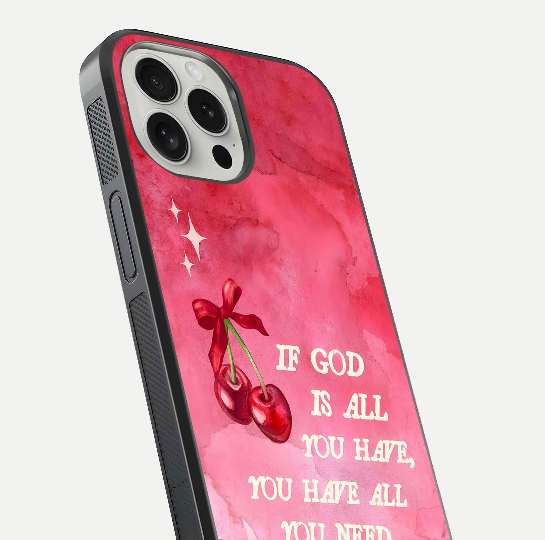 Cherry Quote Glass Case for iPhone 16 Pro close-up showing printed quote detail and HD reflection gloss