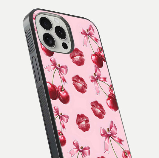 Cherry With Lips Glass Case for iPhone 16 Pro close-up view highlighting lips texture and reflection shine
