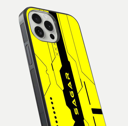 Circuit CYBERPUNK Custom Name Glass Case for iPhone 16 Pro close-up highlighting neon lines, futuristic tones, and gloss reflection
