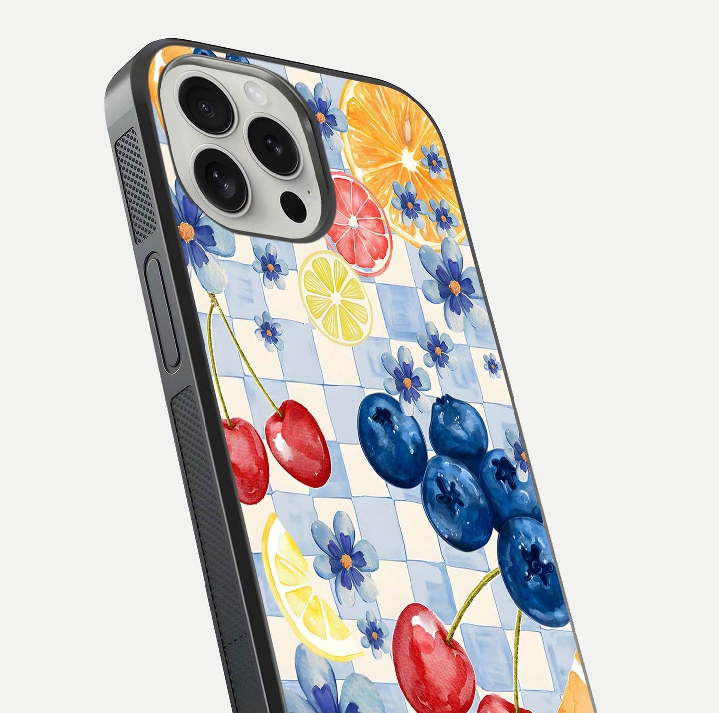 Citrus Bloom Joy Glass Case for iPhone 16 Pro close-up highlighting orange blossoms and reflection detail