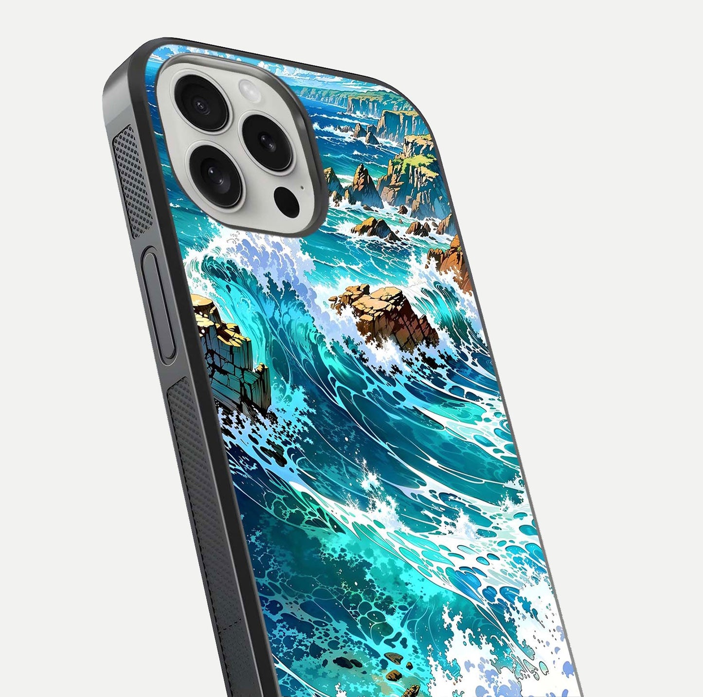 Coastal Blue Waves Glass Case for iPhone 16 Pro close-up highlighting wave texture and blue shine