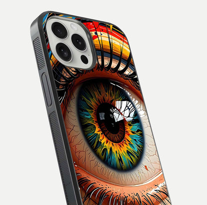 Colorful Eye Glass Case for iPhone 16 Pro close-up highlighting eye pattern detail and reflection shine