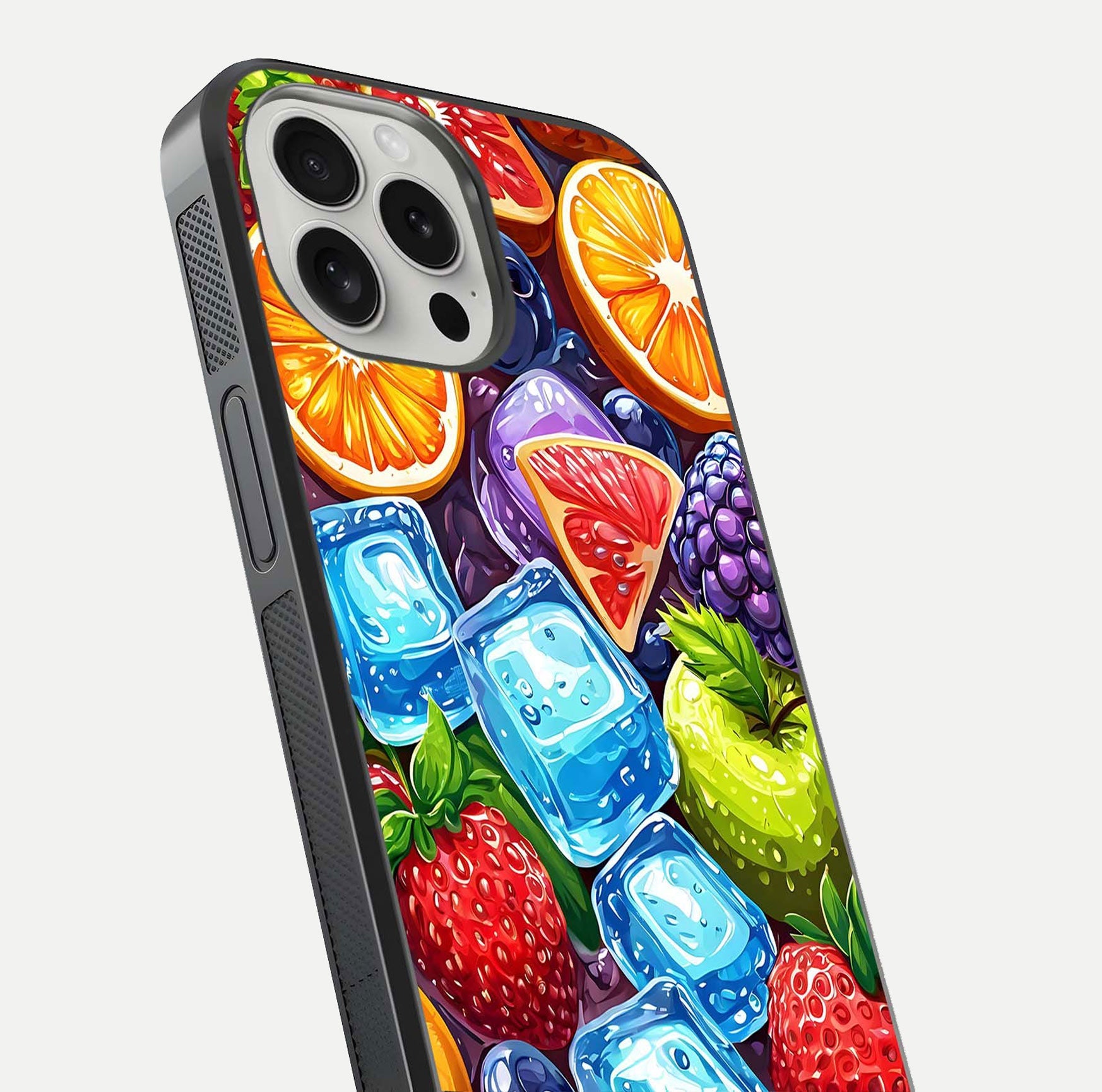 Colorful Fruits with Ice Glass Case for iPhone 16 Pro close-up highlighting fruit color and reflection glow